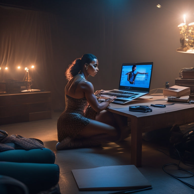 A dancer in a dimly lit studio, surrounded by laptops and tablets, with screens reflecting dance tutorials, amidst scattered dance shoes and notes, with a subtle glow of determination on their face.