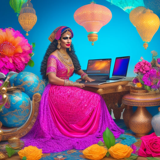A whimsical illustration of a woman in a flowing, vibrant Middle Eastern-inspired outfit, surrounded by laptops, flowers, and musical instruments, dancing in front of a global map with sparkling lights.