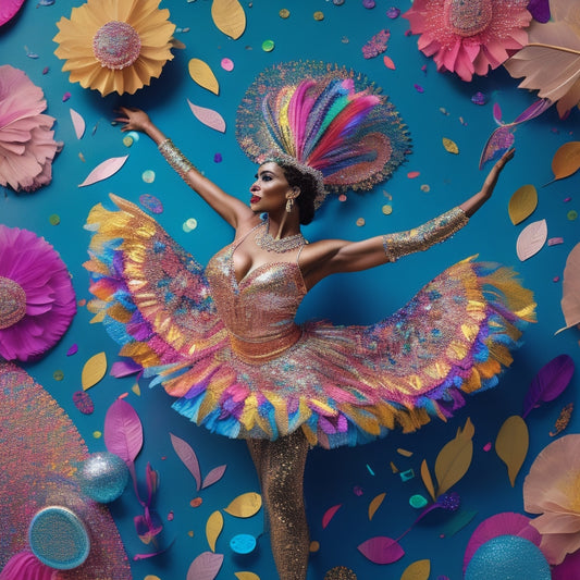 A whimsical illustration of a dancer surrounded by swirling Cricut-cut paper shapes, glittering sequins, and colorful feathers, amidst a backdrop of vibrant dance-inspired patterns and confetti.