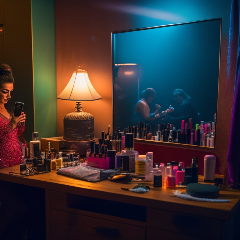 A dimly lit backstage area with a cluttered vanity, surrounded by makeup brushes and products; a frazzled dance makeup artist, phone in hand, referencing a digital guide on their phone screen.