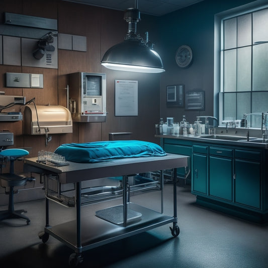 A dimly lit, eerie mortuary scene: stainless steel autopsy table center, surrounded by medical equipment, with a partially unzippered body bag, and a microscope on a nearby counter, casting an ominous glow.