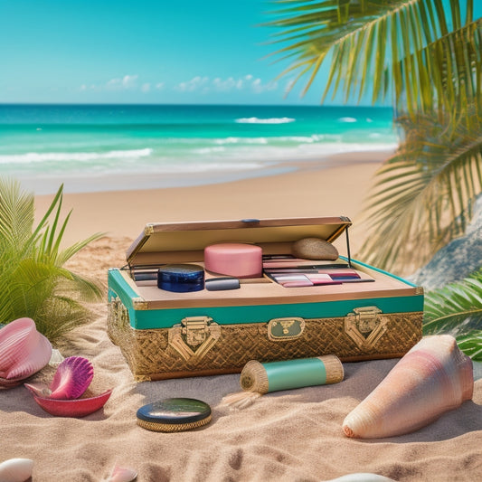 A luxurious, velvet-covered beauty trunk overflowing with high-end makeup, skincare, and hair products, set against a serene tropical beach backdrop with a few palm fronds and seashells.