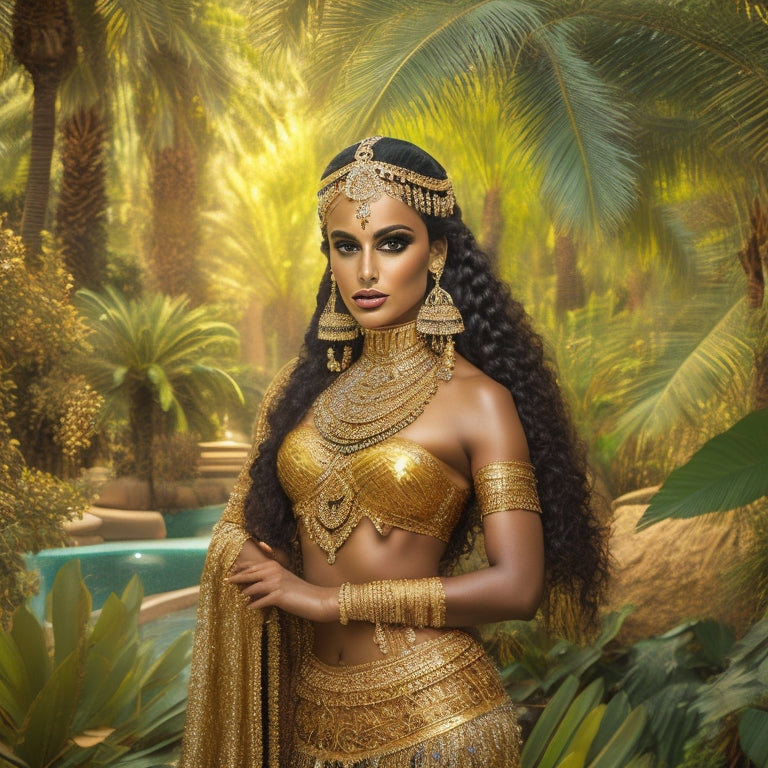 A golden-hued, intricately patterned Middle Eastern-inspired background with a beautifully adorned belly dancer in a flowing, shimmering costume, surrounded by lush green palm fronds and golden ankh symbols.