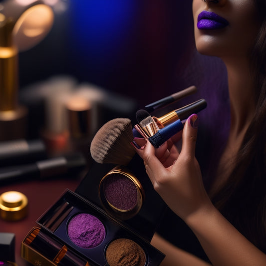 A close-up of a woman's hands holding various makeup brushes, surrounded by an assortment of colorful eyeshadows, lipsticks, and foundation shades, with a subtle cityscape or backstage mirror reflection in the background.