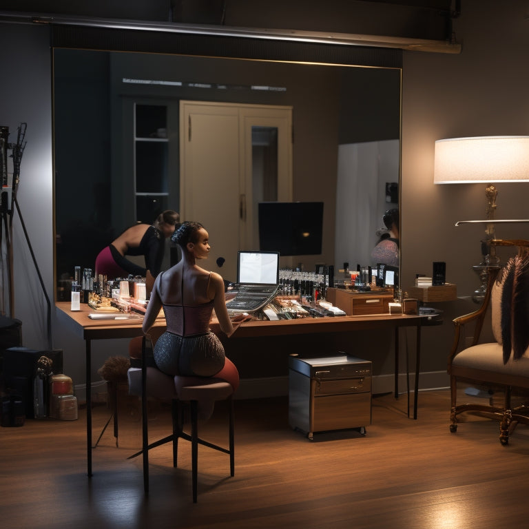 A dimly lit dance studio with a large mirror, a ballet barre, and a laptop on a table, surrounded by makeup brushes, eyeshadows, and lip glosses, with a dancer in the background practicing in front of the mirror.