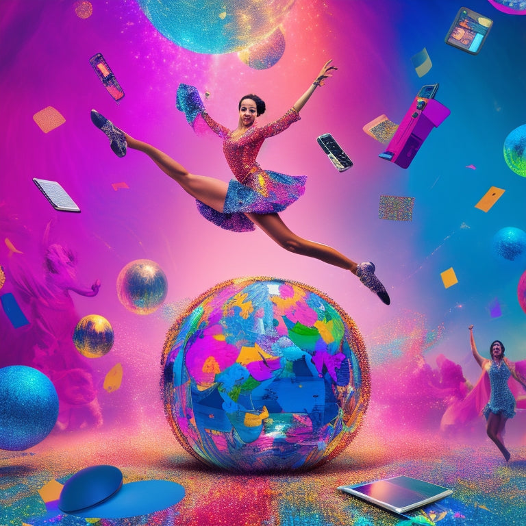 A vibrant illustration featuring a dancer standing atop a globe, surrounded by laptops, smartphones, and tablets, with dance floors, spotlights, and confetti bursting from screens in a whirlwind of color and movement.