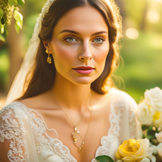 A serene, soft-focused bride sits in a lush, flower-adorned garden, surrounded by scattered wedding planning materials, with a calm, organized expression, amidst a subtle, warm, golden light.