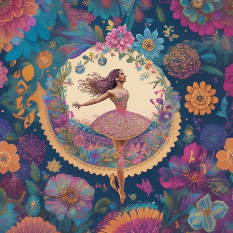 A whimsical illustration featuring a dancing figure surrounded by swirling colors, musical notes, and flowers, with a subtle background of colorful dance-inspired doodles and patterns.