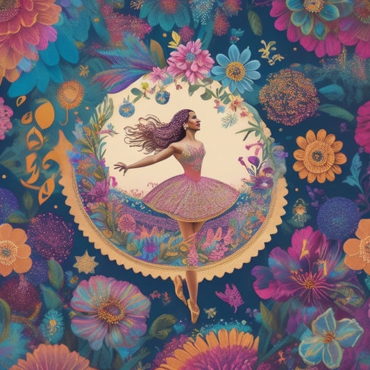 A whimsical illustration featuring a dancing figure surrounded by swirling colors, musical notes, and flowers, with a subtle background of colorful dance-inspired doodles and patterns.