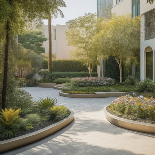 A serene, sun-drenched courtyard surrounded by modern, sleek buildings, with vibrant art pieces and sculptures on display, amidst lush greenery and blooming flowers.