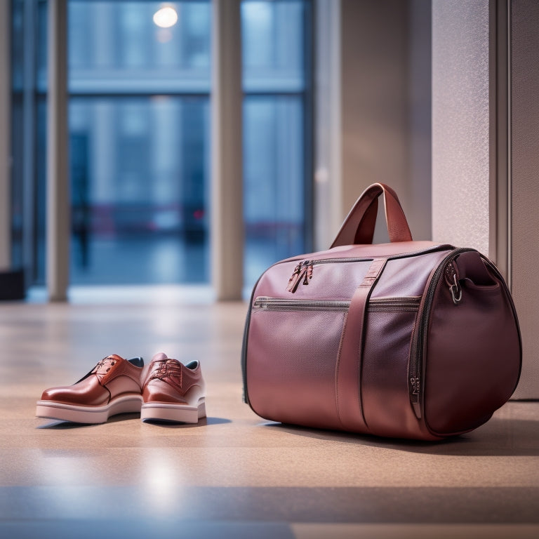 A dance bag with shoe compartment, open to show neatly organized dance shoes, clothes, and accessories, against a blurred background of a dance studio or city streets.