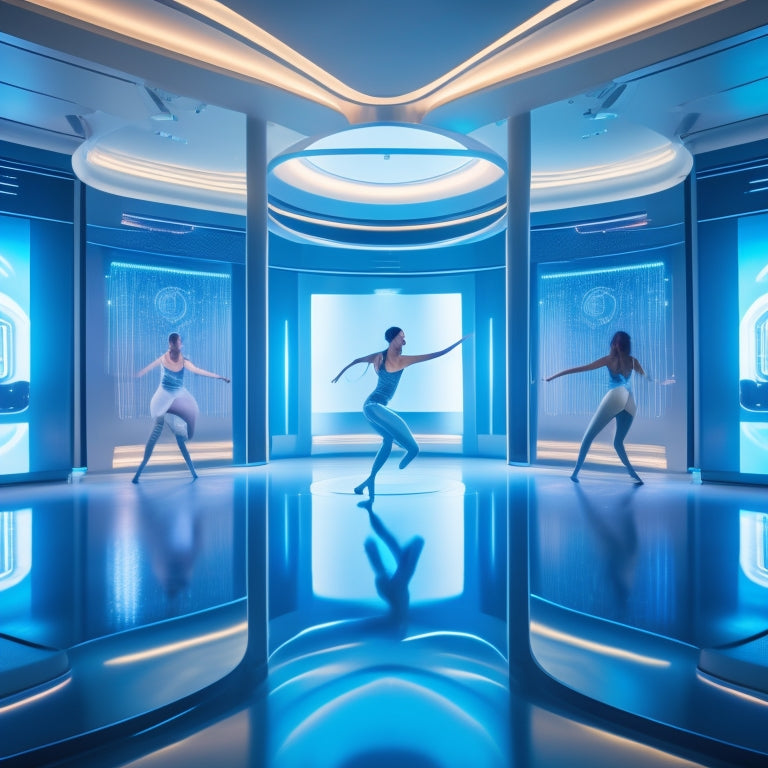 A futuristic dance studio with mirrors, bars, and a large screen displaying a 3D avatar mimicking a dancer's movements, surrounded by swirling motion trails and data visualizations.