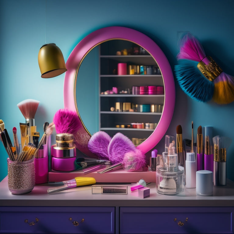 A colorful, clutter-free makeup station with various brushes, palettes, and products scattered around, surrounded by dance-inspired elements like ballet shoes, tutus, and feathers.