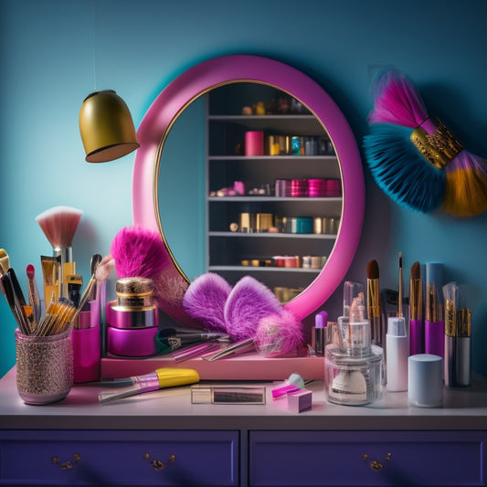 A colorful, clutter-free makeup station with various brushes, palettes, and products scattered around, surrounded by dance-inspired elements like ballet shoes, tutus, and feathers.