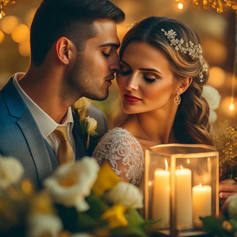 A warm, golden-lit illustration of a newlywed couple embracing, surrounded by delicate flowers, soft candlelight, and blurred wedding decorations, capturing the tender intimacy of their special day.