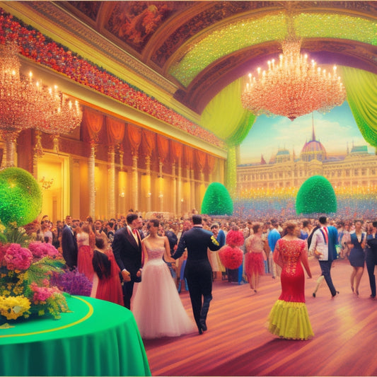 Vibrant illustration of a grand ballroom at the Hungarian American Athletic Club, adorned with balloons and streamers, featuring dancers in traditional Hungarian attire, surrounded by lush greenery and blooming flowers.