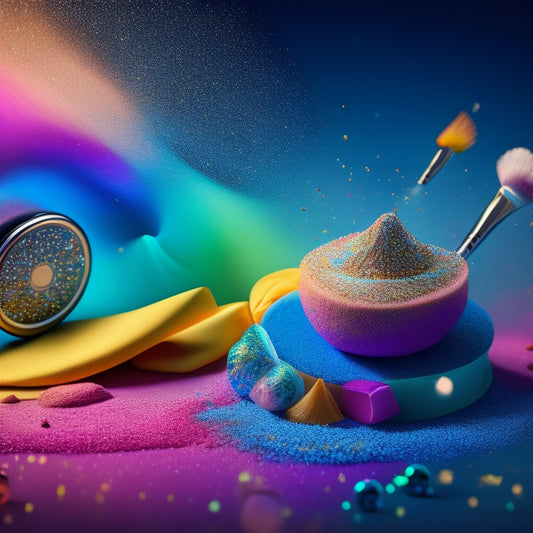 A colorful, abstract background with swirling shapes and glittering particles, overlaid with a transparent makeup compact and a pair of dancing shoes, surrounded by swirling brushes and makeup sponges.