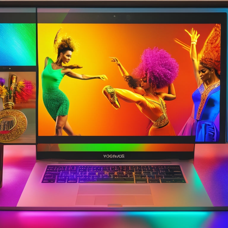 A vibrant, colorful illustration of a laptop screen displaying a virtual dance studio, surrounded by makeup brushes, mirrors, and dance shoes, with a blurred background of dancers in motion.