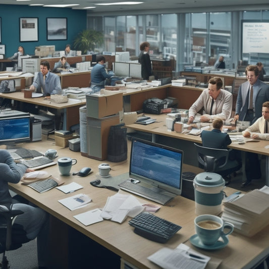 A chaotic office scene with computers and laptops displaying frozen screens, tangled cords, and frustrated employees slumped over their desks, surrounded by scattered papers and abandoned coffee cups.