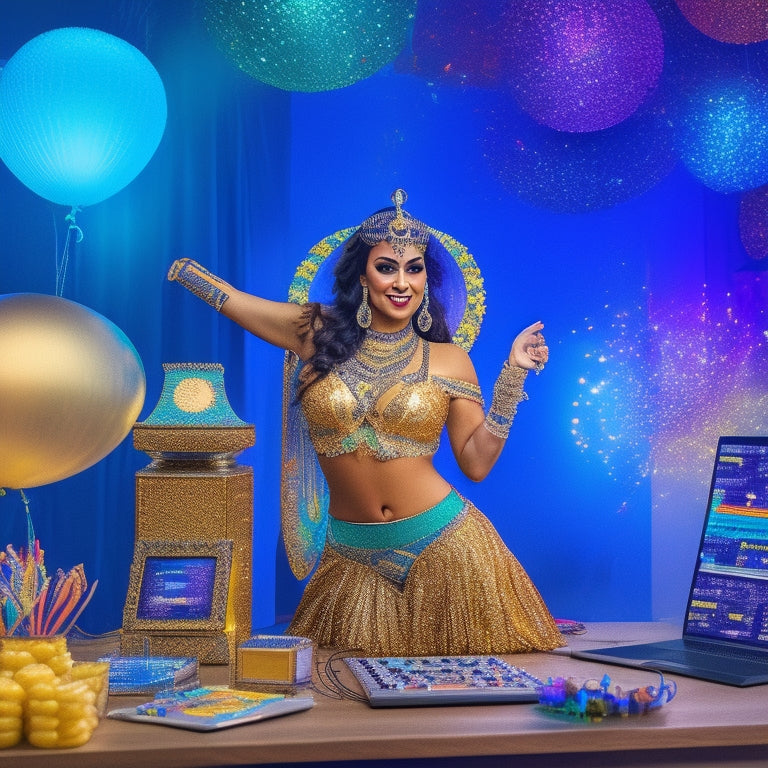An illustration depicting a belly dancer in a vibrant, colorful studio, surrounded by laptops and tablets displaying analytics charts and graphs, with confetti and balloons in the background.