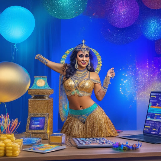An illustration depicting a belly dancer in a vibrant, colorful studio, surrounded by laptops and tablets displaying analytics charts and graphs, with confetti and balloons in the background.