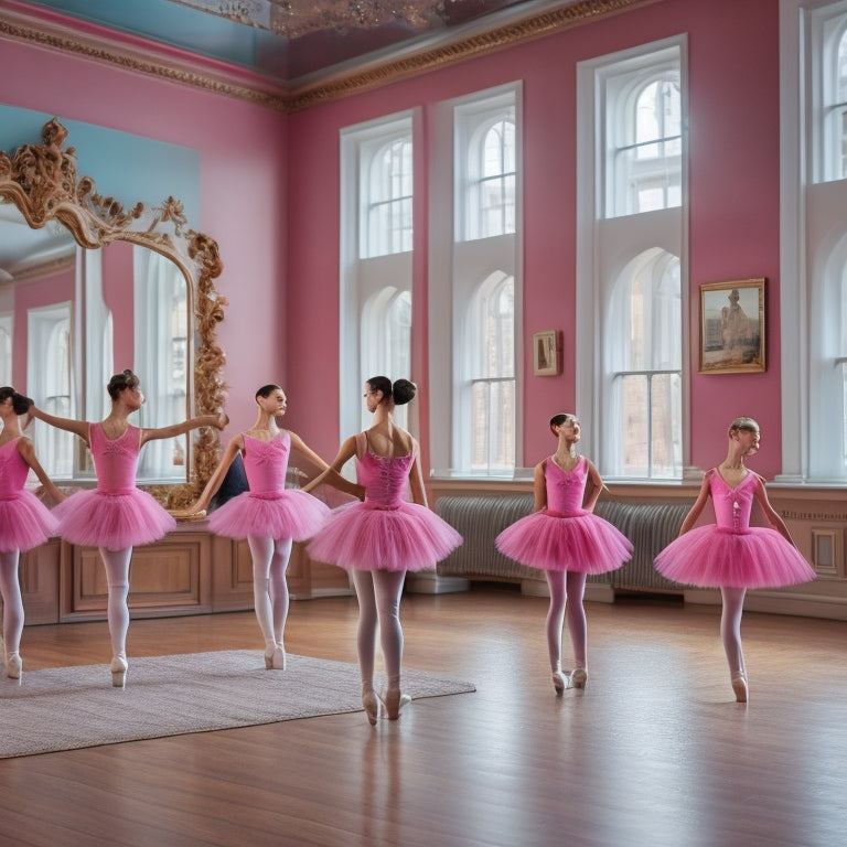 A vibrant ballet studio scene showcasing essential dancewear: delicate pink leotards, soft tutus, fitted tights, elegant pointe shoes, and warm-up legwarmers, all displayed against a polished wooden floor and mirrored walls.