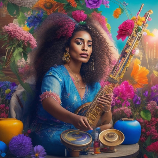 A whimsical illustration of a person surrounded by artistic supplies, paint-splattered easel, and musical instruments, with colorful flowers and vines growing from their hair and arms, amidst a warm, sunny background.