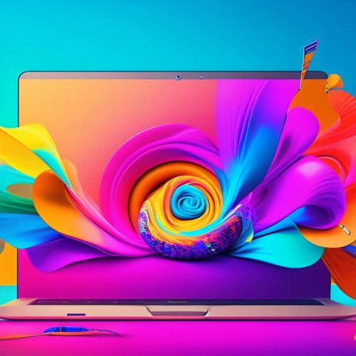 A colorful, dynamic illustration featuring a laptop surrounded by swirling dance-inspired shapes and patterns, with a pair of dancing feet and a few musical notes floating above.