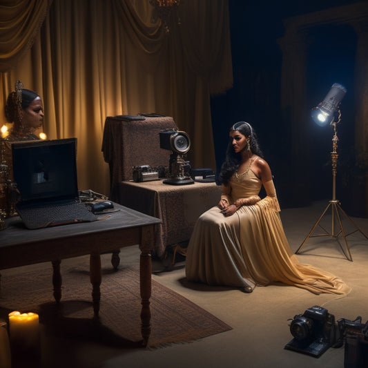 A serene, dimly lit studio with a single, elegant dancer in a flowing skirt, surrounded by laptops, cameras, and props, with a subtle Middle Eastern-inspired backdrop and soft, golden lighting.