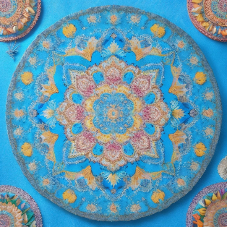 A vibrant, symmetrical mandala with intricate patterns, colored in shades of turquoise, coral, and sunshine yellow, set against a soft, creamy background, surrounded by scattered colored pencils and a few loose, swirling patterns.