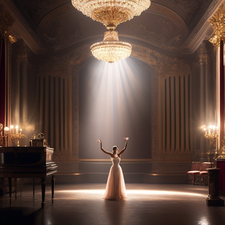 A spotlight shines down on a dancer in a grand, ornate theater, surrounded by velvet curtains and golden accents, with a subtle hint of a script or notebook in the corner.