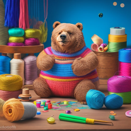 A whimsical illustration of a dancing bear surrounded by colorful craft supplies, such as yarn, buttons, and threads, with a subtle background of fabric scraps and vintage sewing patterns.