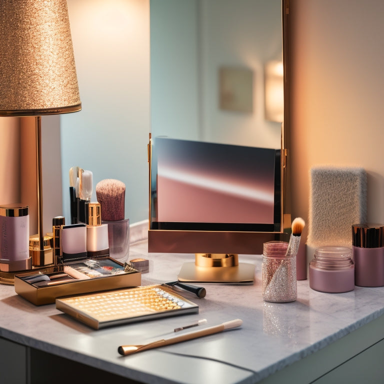 A clutter-free vanity with a mirror, surrounded by neatly organized makeup products and brushes, with a laptop in the background displaying a downloadable template on its screen, amidst a subtle, sparkly dance-inspired backdrop.