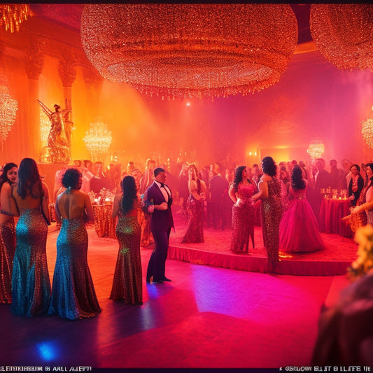 A vibrant, dimly lit ballroom with a mesmerizing belly dancer in a shimmering costume, surrounded by suited corporate guests watching in awe, with cocktails and hors d'oeuvres scattered throughout.