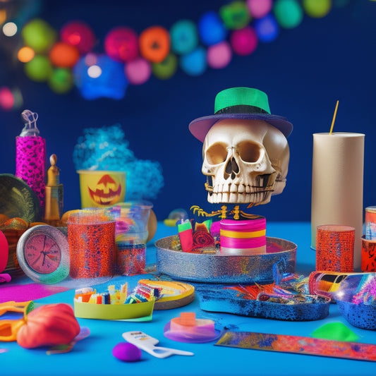 A whimsical scene featuring a smiling skeleton wearing a party hat, surrounded by colorful Halloween-themed craft supplies, including scissors, glue, and a cutting mat, amidst a subtle spooky background.