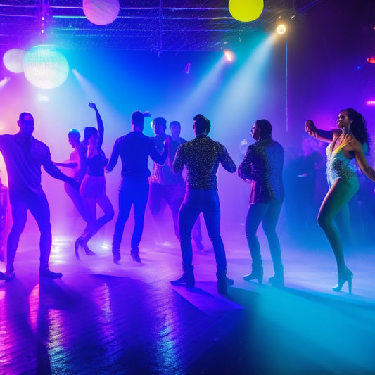 A vibrant, neon-lit dance floor filled with diverse, energetic dancers in dynamic poses, surrounded by flashing lights, disco balls, and swirling fog, capturing the essence of an electrifying dance party.