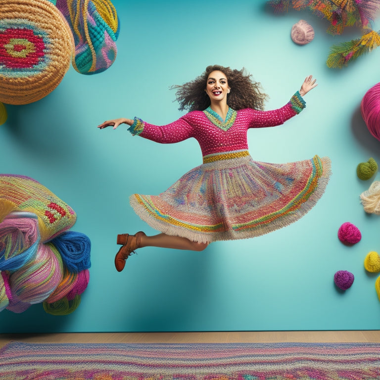 A whimsical illustration of a young woman dancing in mid-air, surrounded by colorful threads and cross-stitch patterns, with a subtle music note motif in the background.