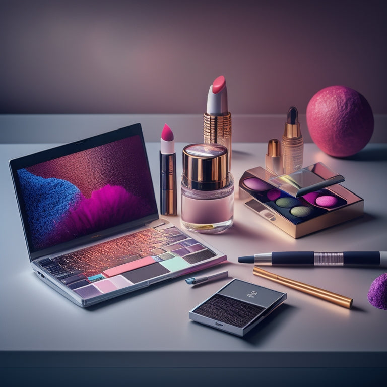 A stylized, minimalist illustration featuring a makeup artist's workstation with a laptop, makeup brushes, and a smartphone, surrounded by subtle, swirling patterns of eyeshadow and lip gloss colors.