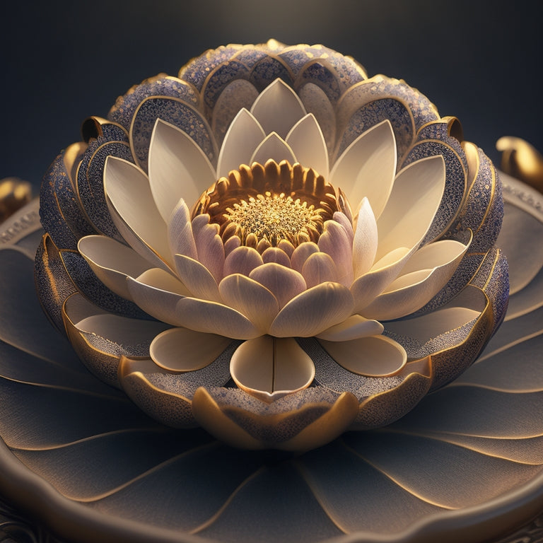 A stylized illustration of a lotus flower blooming, surrounded by subtle, swirling patterns resembling traditional Oriental motifs, with a glowing, golden light emanating from the center.