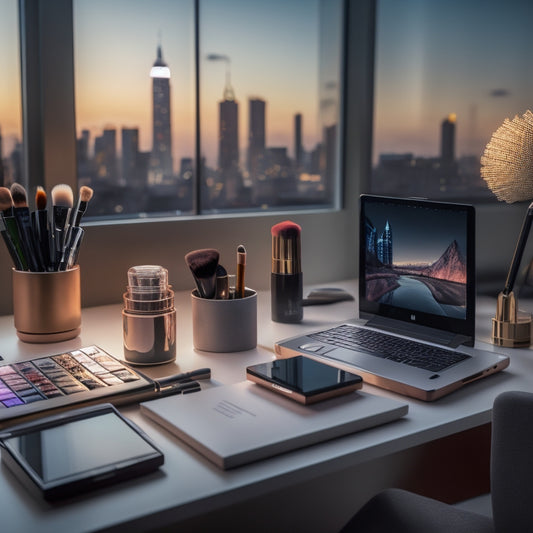 A clutter-free, modern desk with a sleek laptop, a smartphone, and a tablet, surrounded by makeup brushes, palettes, and a ring light, with a subtle, blurred-out cityscape in the background.