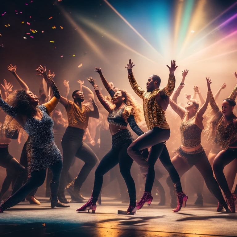 A dynamic, action-packed image featuring a diverse group of dancers in mid-performance, surrounded by flashing stage lights, confetti, and a blurred audience cheering in the background.