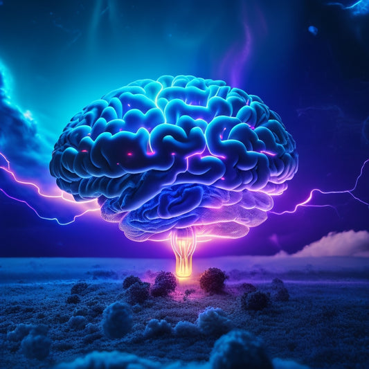 A futuristic, neon-lit brain surrounded by swirling clouds of colorful code, with glowing lightbulbs and creative sparks bursting forth, set against a dark, gradient blue background.