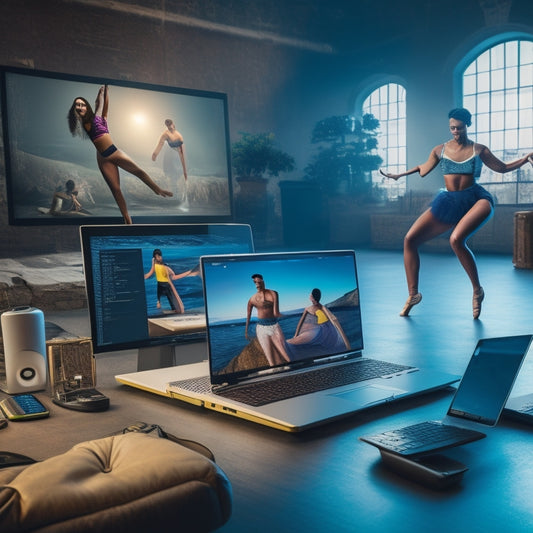 A stylized illustration featuring a dancer in a modern studio, surrounded by laptops, tablets, and smartphones, with virtual screens displaying dance tutorials and online courses in the background.