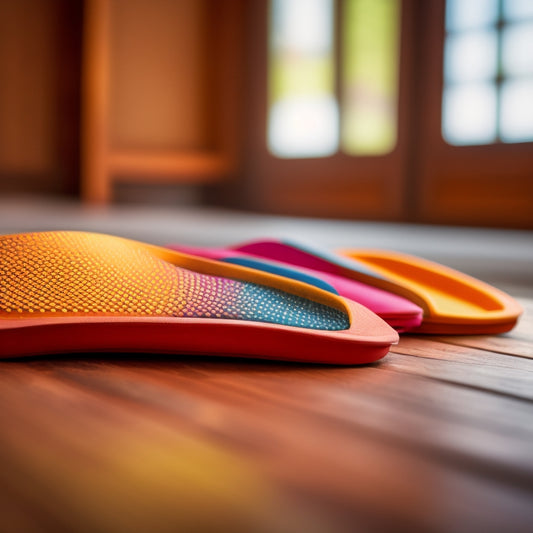 A close-up of a variety of colorful orthotic insoles, showcasing different shapes and textures, placed on a wooden surface, with a blurred background of a serene home environment and soft natural lighting.