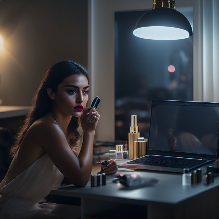 A beautifully lit, minimalist vanity setup with a young woman sitting in front of a mirror, surrounded by makeup brushes, eyeshadows, and lip glosses, with a laptop open in the background.