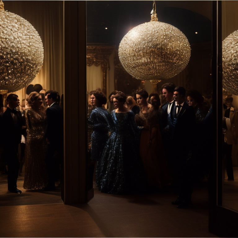 A dimly lit, ornate mirror ball reflects a bustling backstage scene: sequined costumes, scattered dance shoes, and a glimpse of a celebrity rehearsing in the doorway of a dressing room.