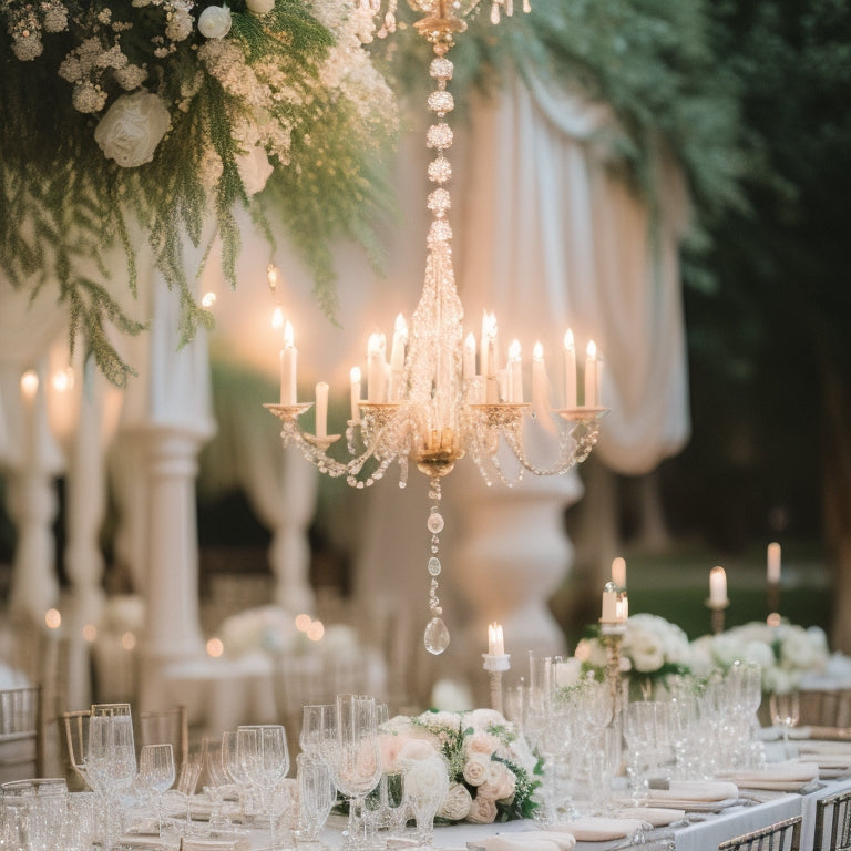 A serene, candlelit wedding reception with a majestic, crystal-encrusted chandelier, surrounded by lush greenery, soft pastel hues, and delicate, lace-trimmed linens, evoking an atmosphere of elegance and romance.