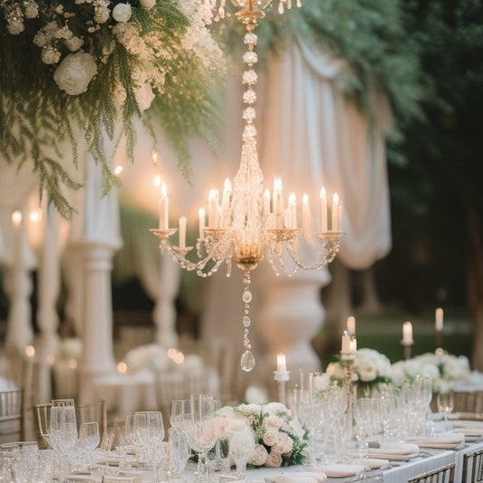 A serene, candlelit wedding reception with a majestic, crystal-encrusted chandelier, surrounded by lush greenery, soft pastel hues, and delicate, lace-trimmed linens, evoking an atmosphere of elegance and romance.