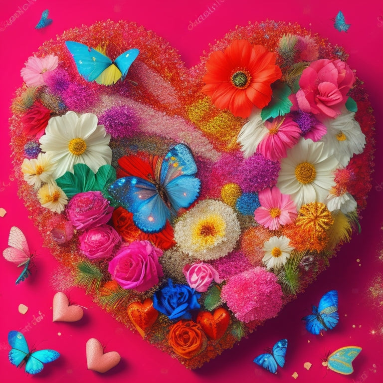 A whimsical illustration of a giant, bright red heart overflowing with colorful flowers, butterflies, and delicate paper hearts, surrounded by soft, white feathers and sparkling glitter.