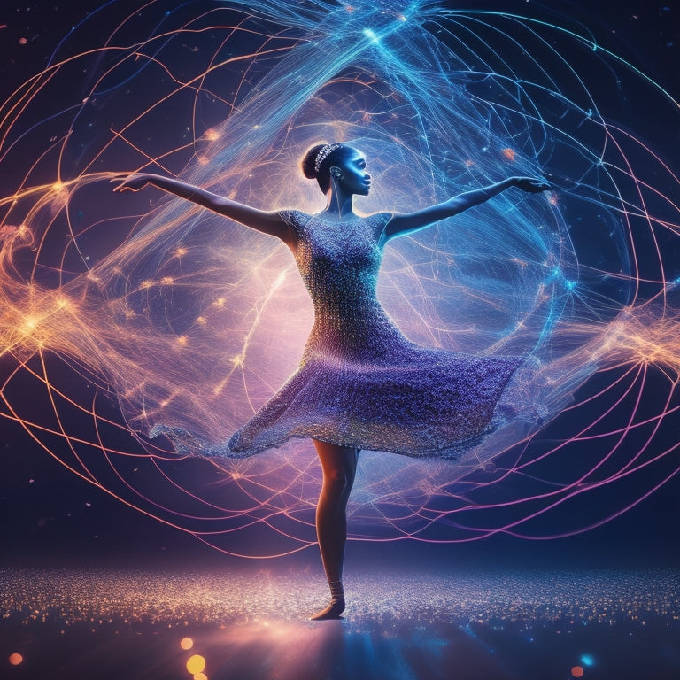 A vibrant, futuristic illustration depicting a glowing, interconnected network of nodes and threads, with a dancer's silhouette at the center, surrounded by swirling patterns of light and data streams.